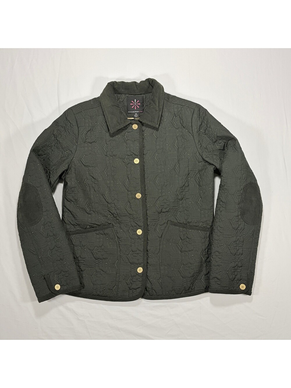 Quilted Bomber Jacket Coat Army Green Floral Stitching Elbow Patches XS